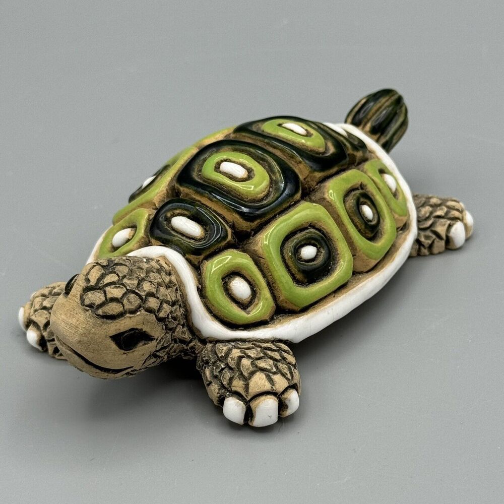 Vtg Artesania Rinconada Turtle Figurine Signed Uruguay Ceramic Glaze White Green